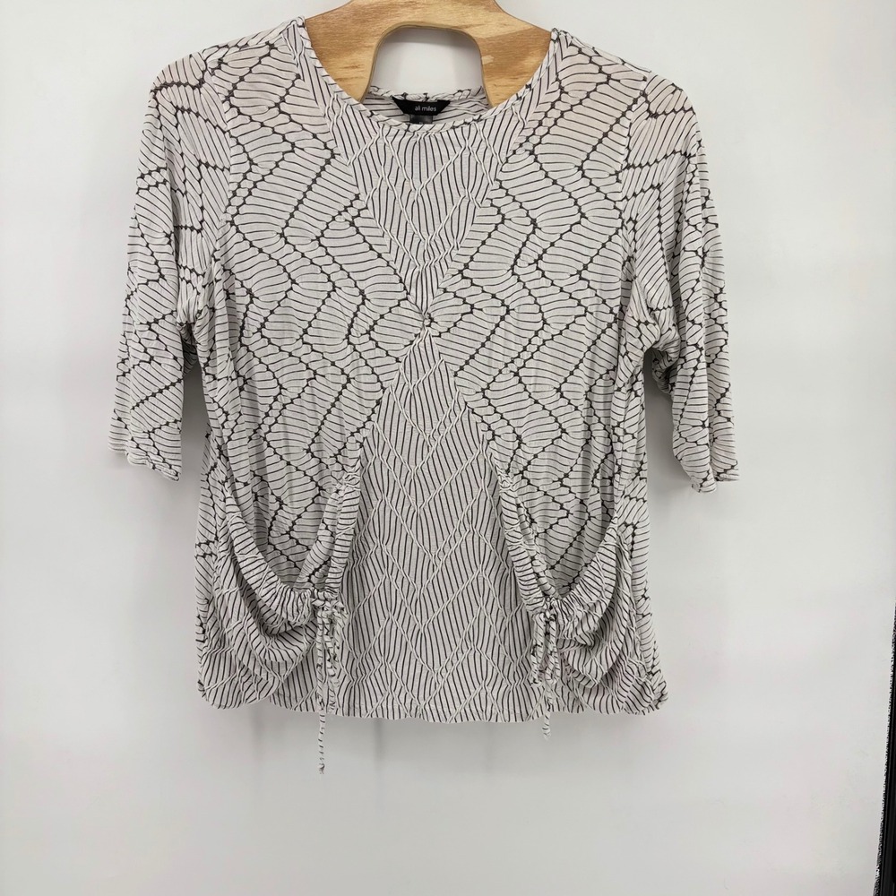 Ali Miles 3X Blouse White Black geometric psychedelic abstract Print 3/4 Sleeve